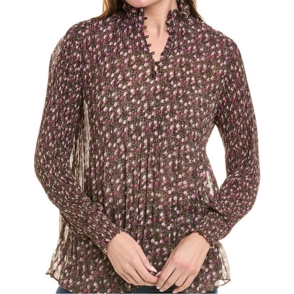 Cabi Knife Pleat black pink floral smocked collar semi sheer top size XS #3952